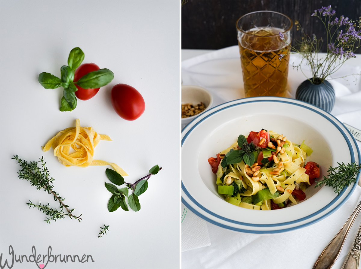 Bandnudeln mit Lauch und Cherry-Tomaten - Wunderbrunnen - Foodblog - Fotografie